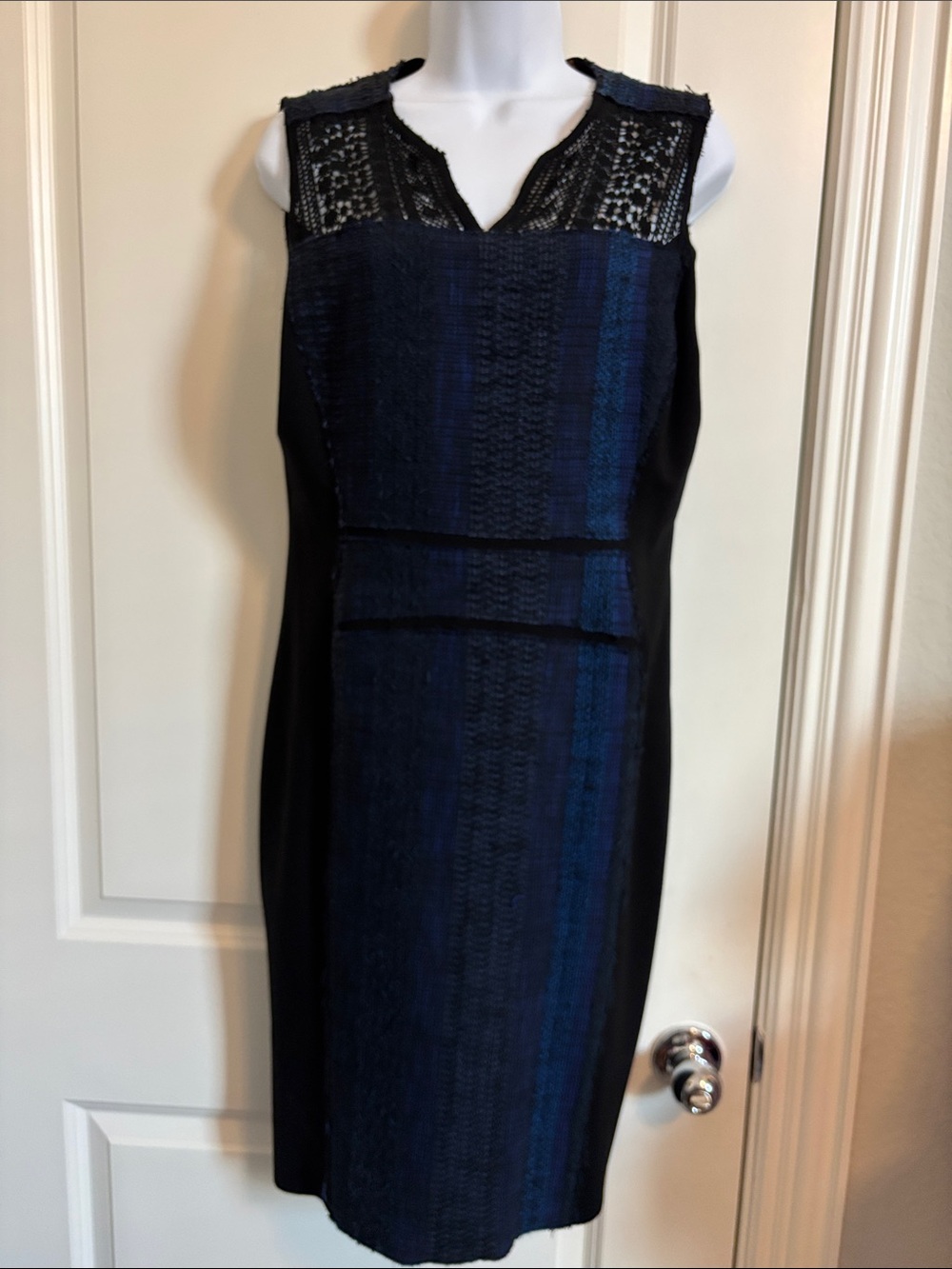 Tahari Sleeveless textured Navy and Black Midi Sheath Dress with crocheted Yoke